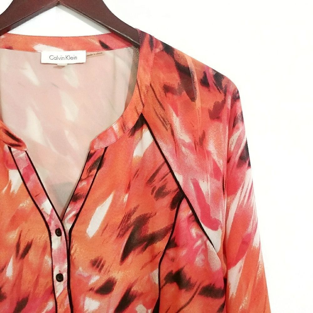 Calvin Klein Geometric Blouse Large Orange & Black Womens - Picture 3 of 5